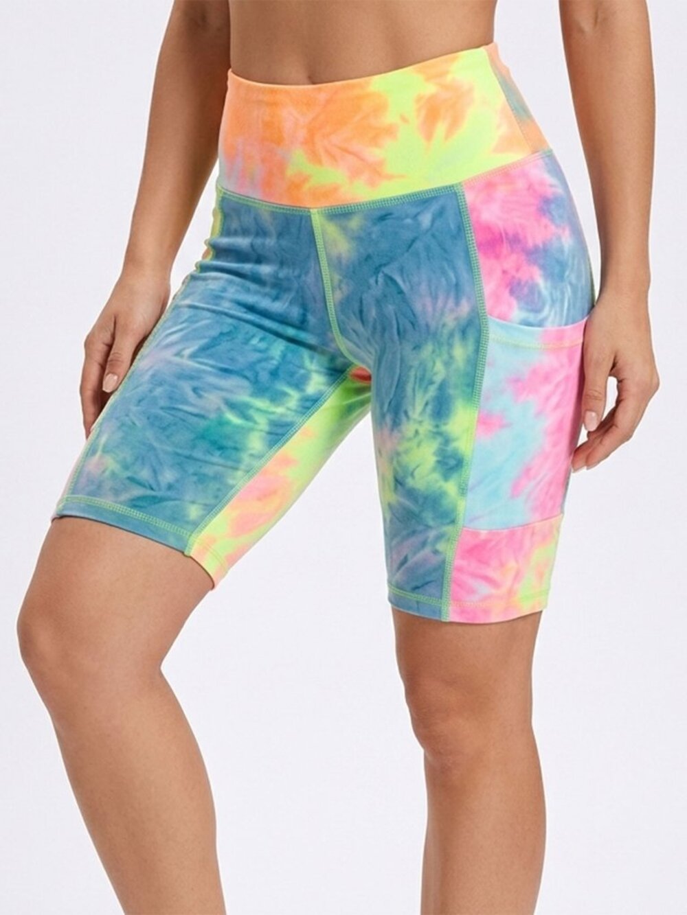 SWS Essentials Tie Dye Biker Shorts Small Neon Pastel Pink Blue Green w/ Pockets